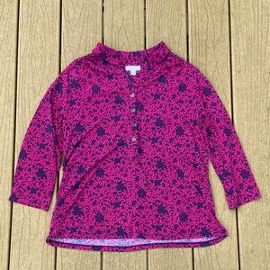 Charter Club Women’s Pink & Navy Floral Top 3/4 Sleeves, Buttons, Size XL